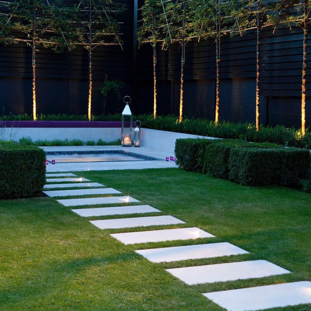 #spa #garden #lighting #pleached #trees #charlotterowegardendesign...