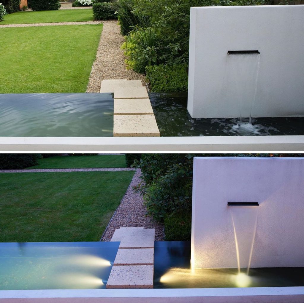 Same view #dayandnight #waterchute #polishedconcrete #gardenlighting #gardendesi...