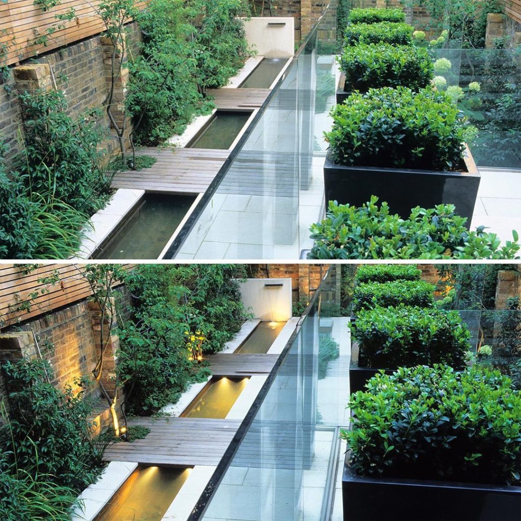 #dayandnight #gardenlighting #outdoorroom #londongarden #waterfeature #glassbalu...