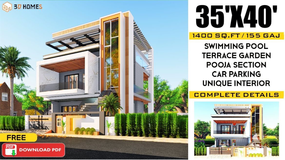 35×40 House Plans | 1400 sqft | 155 Gaj | Terrace Garden | Pool | 35 x 40 West Face House Plan 35x40 House Plans | 1400 sqft | 155 Gaj | Terrace Garden | Pool | 35 x 40 West Face House Plan
