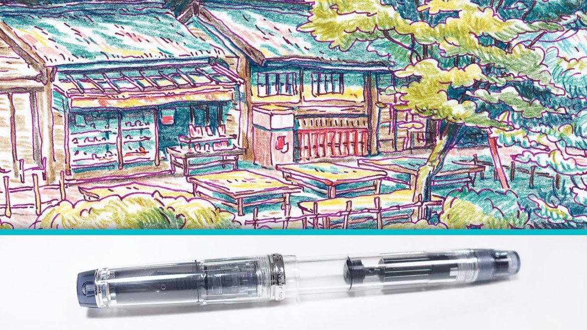 Japanese garden with ink and color pencils
