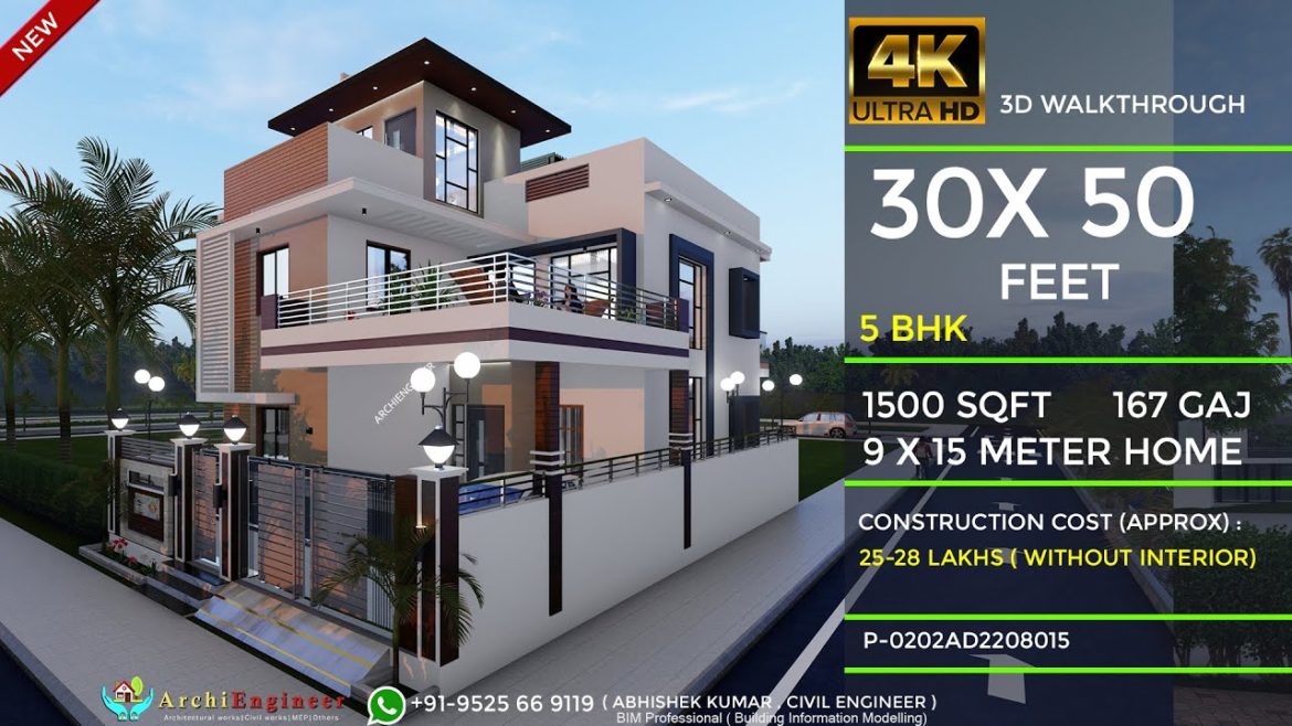 30x50 House Design 3D | 🔥🔥1500 Sqft | 167 Gaj | 5 BHK | Modern Design | Terrace Garden | 9x15 Meters