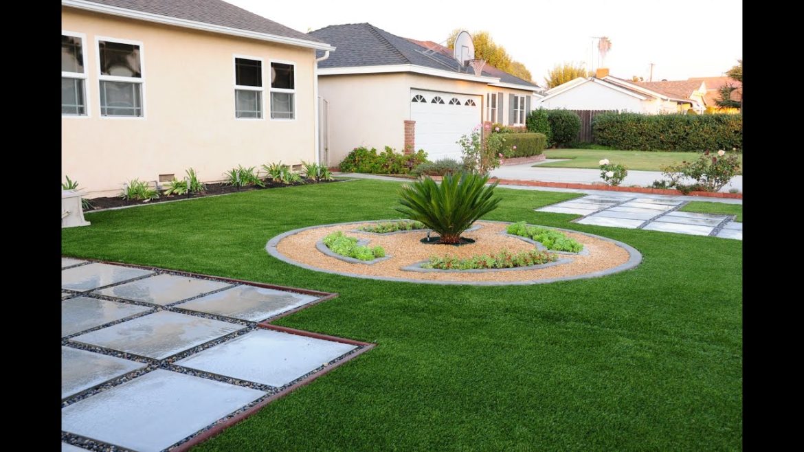 Front yard landscaping - concrete curb / edging, artificial turf & paving stones