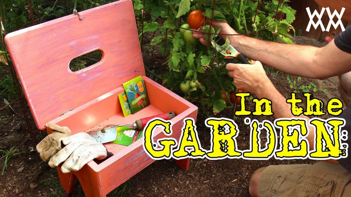 Handy gardening stool also carries supplies. Fun outdoor woodworking project!