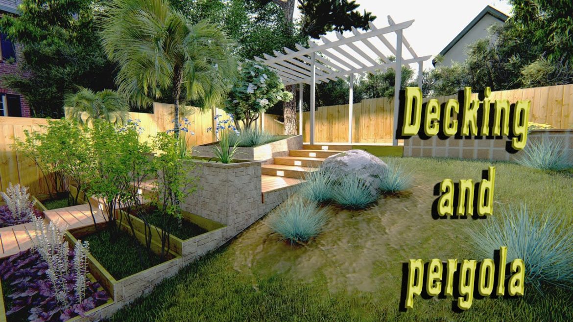 Backyard landscaping with multi level decking and pergola