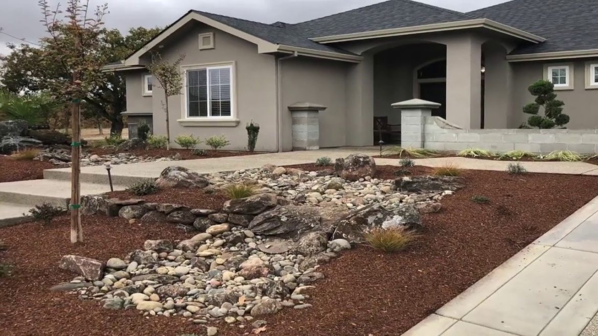 Front Yard Landscaping In Front Yard With Water Feature & Dry Creek Bed