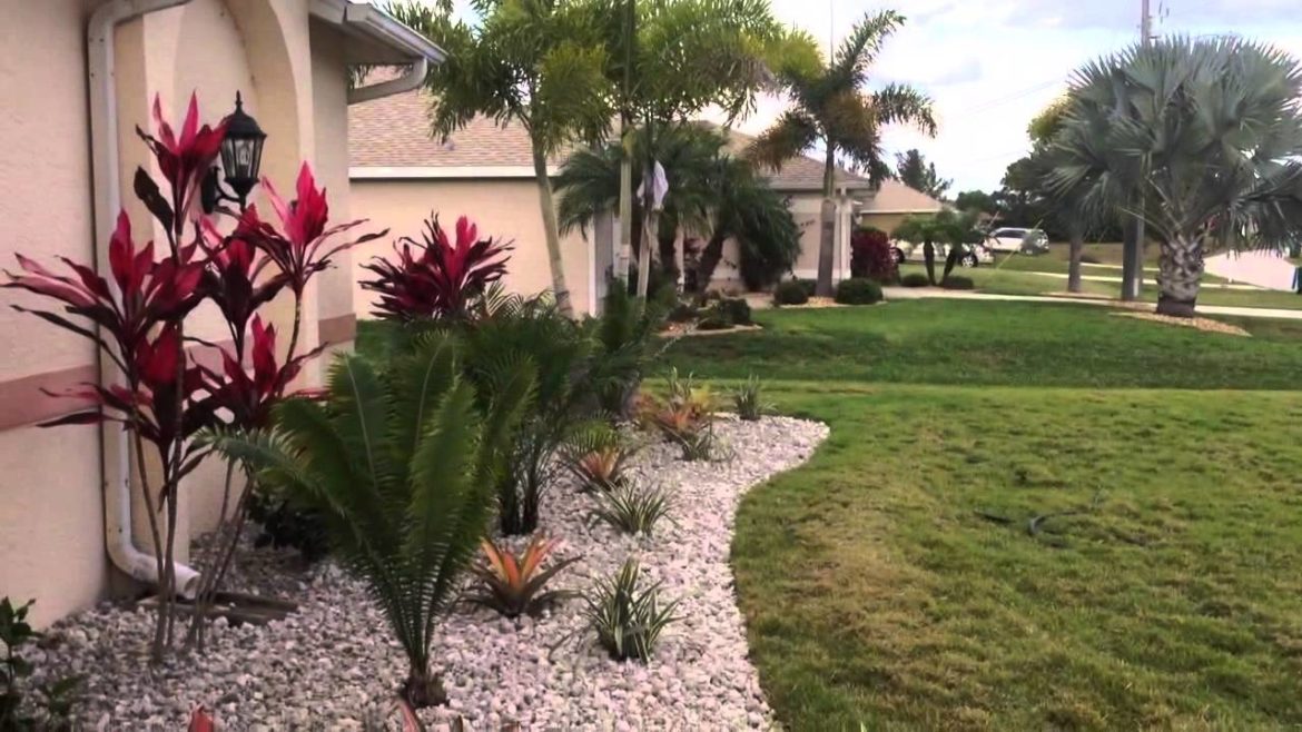 NW Cape Coral front yard landscape w/white rock & tropical plants!