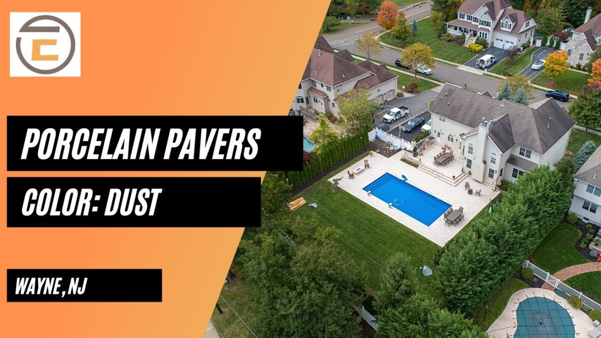 Dust Porcelain Pavers and Ivory Travertine Coping in Wayne, NJ near lake Packanack