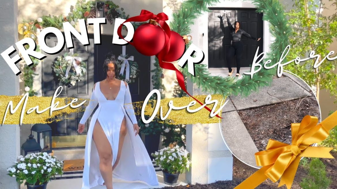 EXTREME CHRISTMAS FRONT DOOR MAKEOVER + FRONT YARD LANDSCAPE MULCHING  | DIY DECORATE WITH ME