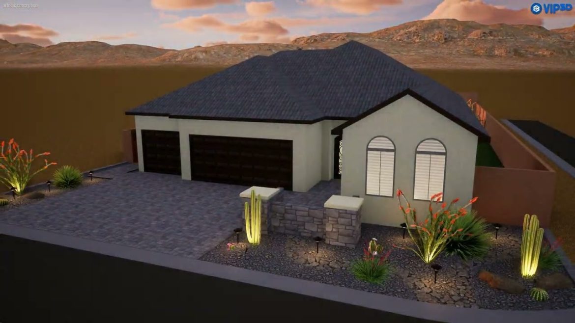 Desert Front yard Landscape - Turf, Pergola, Travertine and BBQ in the back
