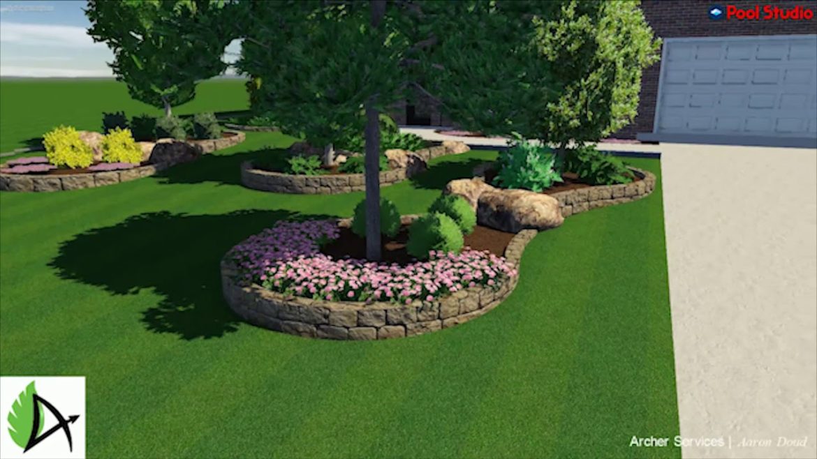 Landscaping the front yard on a slope and around a pool in the back.