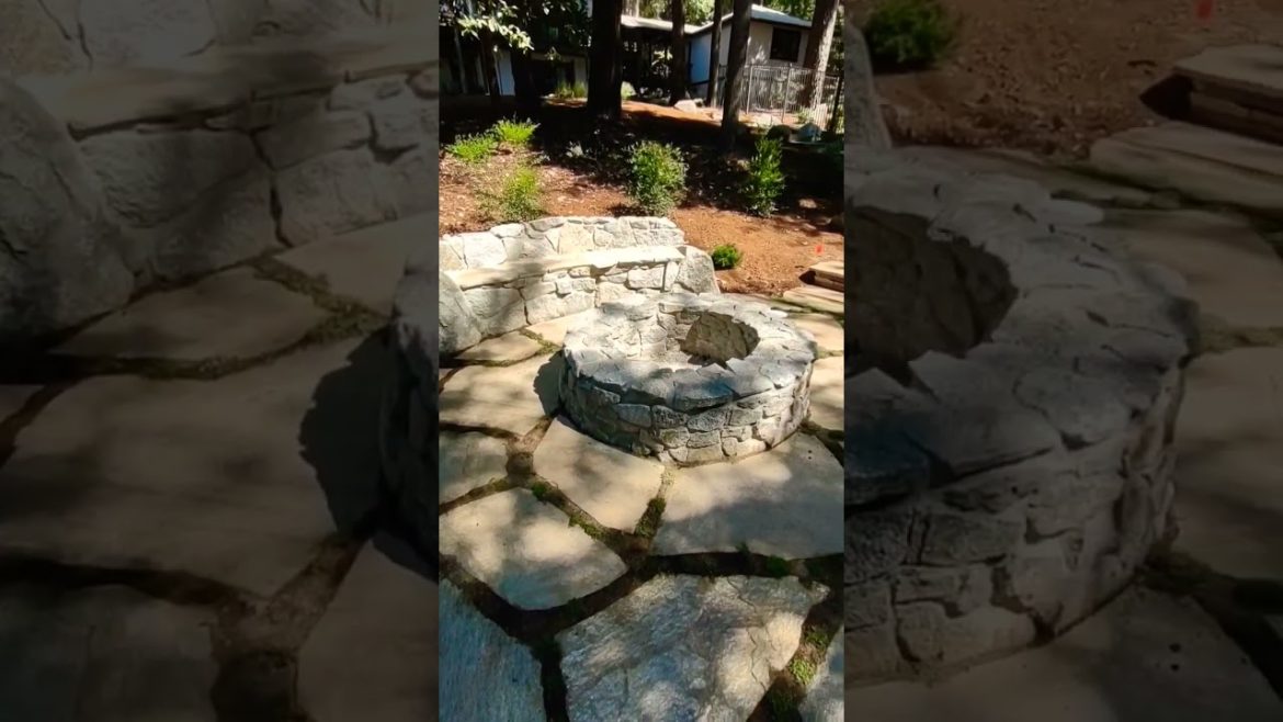 Fire pit patio with custom bench, elfin thyme in the stone joints