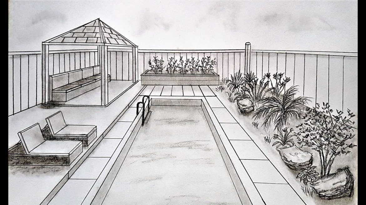 How to draw in one point perspective backyard garden, pool