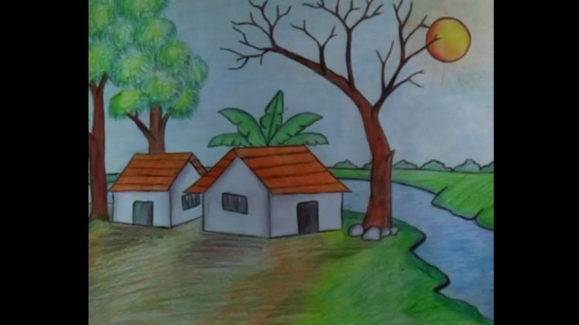 village scenery drawing || simple scenery drawing || colours pencil drawing #colouring village scenery drawing || simple scenery drawing || colours pencil drawing #colouring