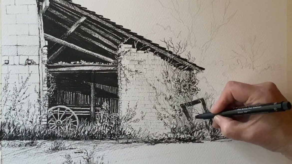 OLD BARN, My Process For Watercolor Landscape Painting, Line & Wash Ink & Watercolour Demo WIP