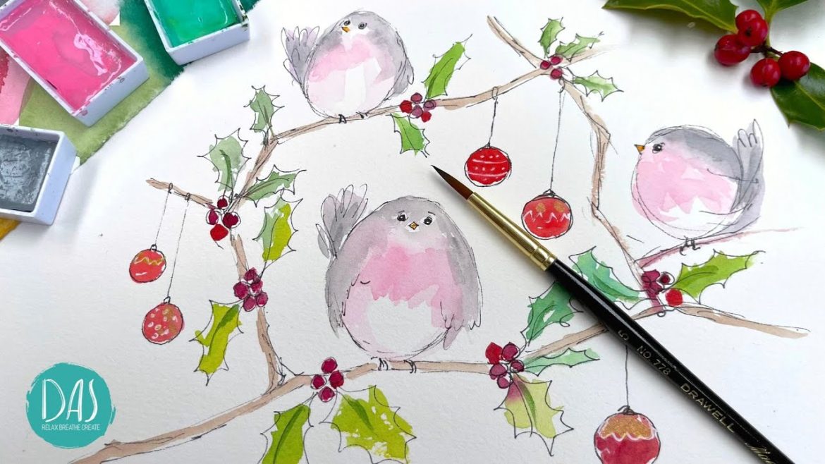 Easy Watercolour Baby Birds with Xmas Baubles and Holly using Kuretake paints – plus warmup session