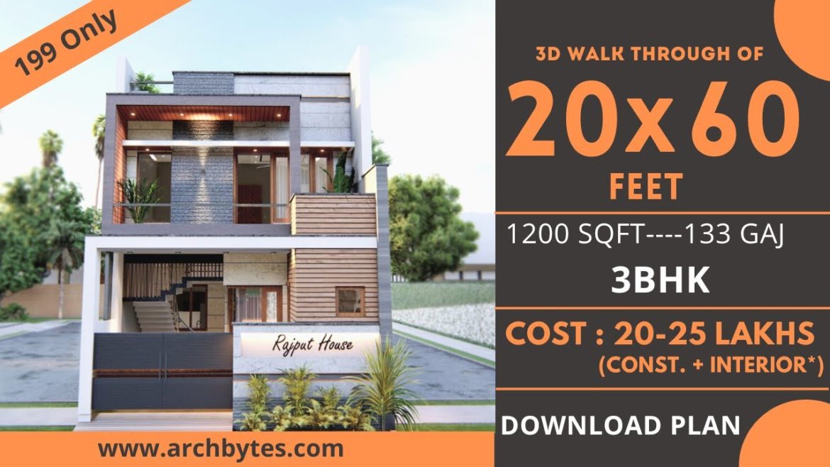 20×60 Feet Modern House Design 3D: 3 Bedrooms, 3 Bathrooms, Single Storey, Terrace Garden -1200 Sqft 20x60 Feet Modern House Design 3D: 3 Bedrooms, 3 Bathrooms, Single Storey, Terrace Garden -1200 Sqft