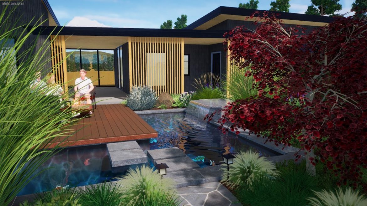 Japanese Garden with Floating Stepping Stones