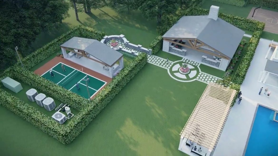 full backyard design with pool, gazebo, fire place day and night version