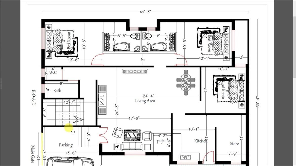 3bhk house plan with 3 bed rooms,living hall ,kitchen ,dining area &car parking ,garden,store room