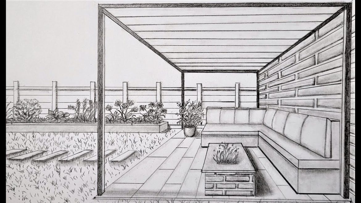 How to draw in one point perspective, a backyard garden