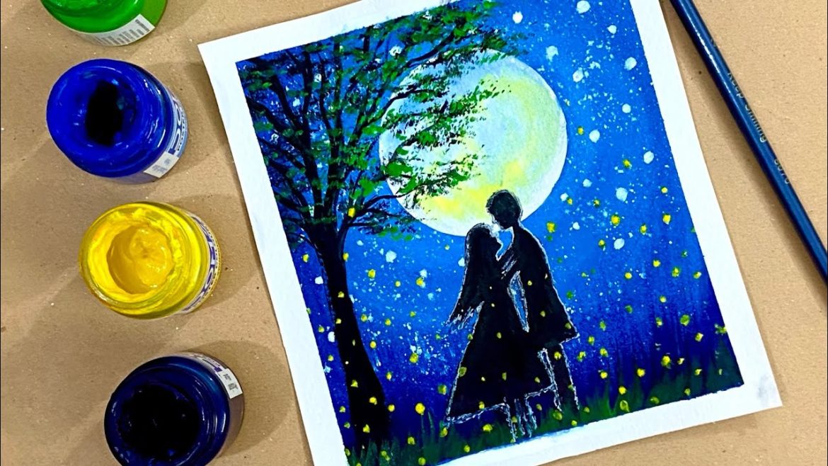 How to Draw a Romantic Couple under Moonlight || Easy Poster Colour/Acrylic Painting for Beginners
