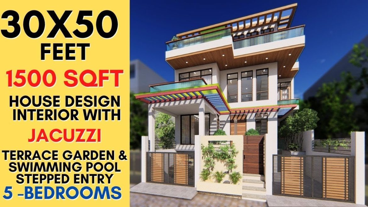 30X50 Feet, 1500 sqft House with  Swimming Pool | Stepped Entry | Jacuzzi on Terrace | ID-045