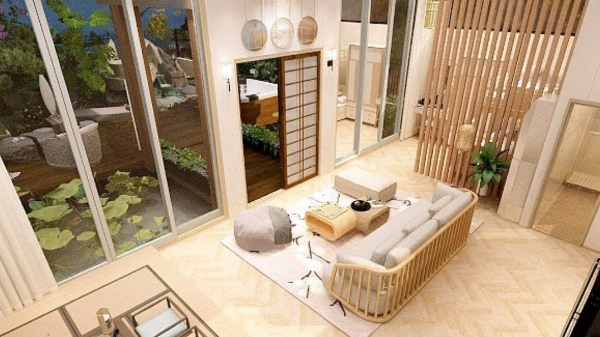 Japanese Zen Tiny House with Outdoor Fish Pond Garden Minimalist Interior Design + House Plan