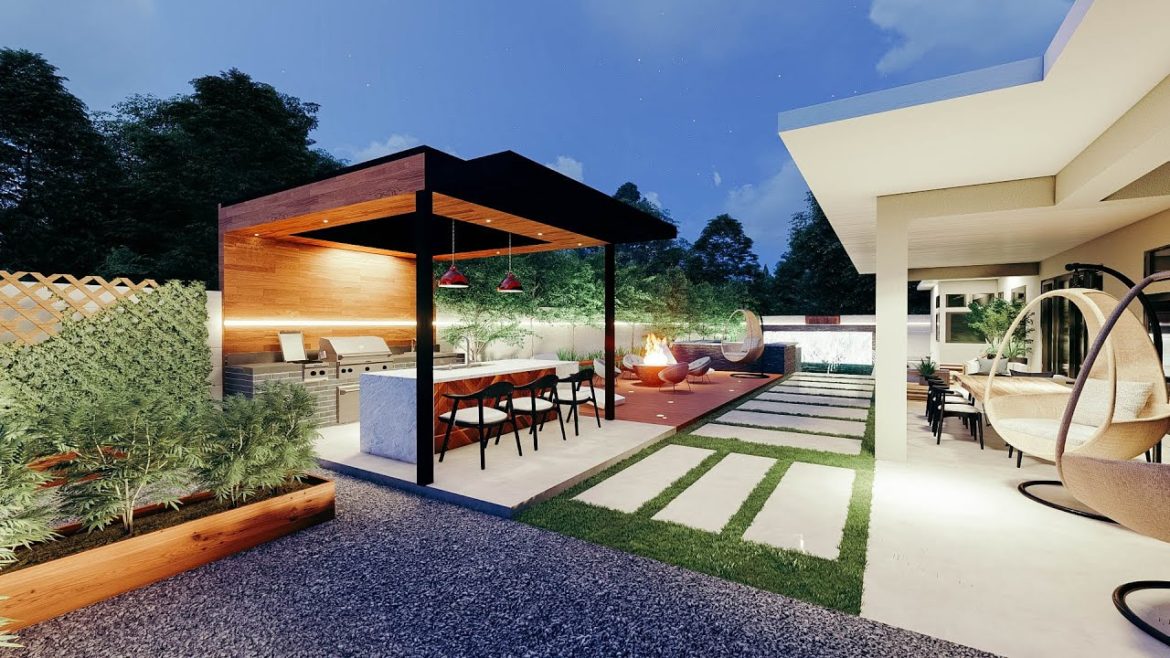 Modern Pool backyard with Ambient night lighting l High Quality 1080p Rendering