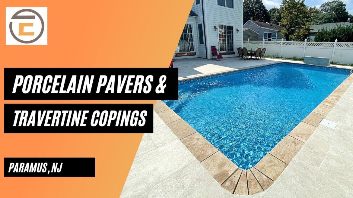 Honey Porcelain Paver and Travertine Copings - Backyard Makeover, Landscaping Ideas, Pool Coping
