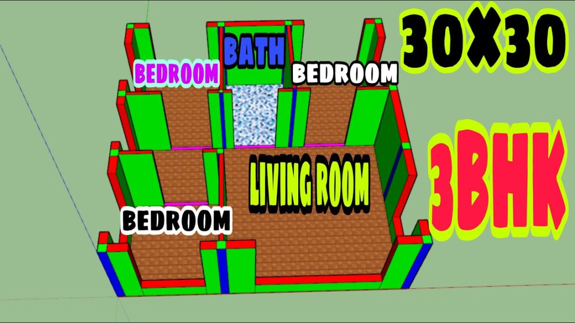Skychup house plan 30 by 30 3 badroom living room kitchen