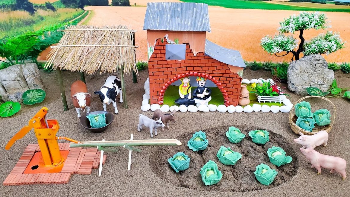 DIY making mini Cows Barn Animal - Mini Hand Pump Supply Water for Cabbage Garden - Mini Gaby
