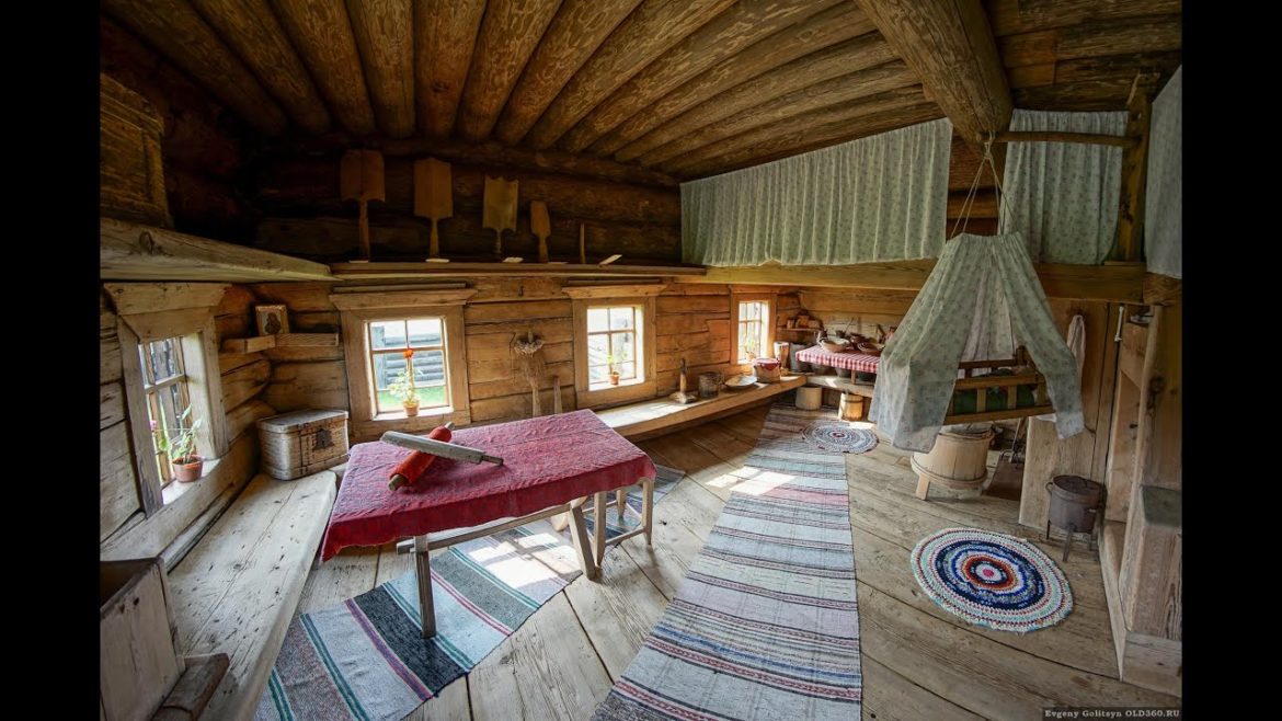 Interior decoration in a Russian hut. Village house in Russia