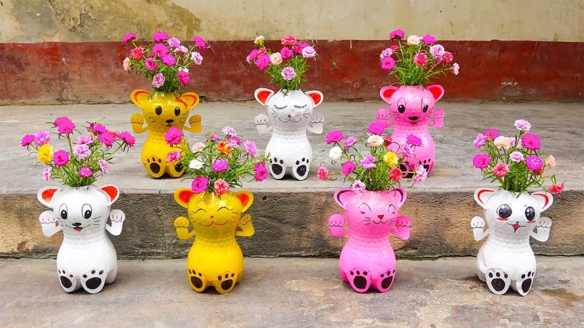 Diy Garden Ideas, Recycle Plastic Bottles into Cats Flower Pots For Small Garden | Portulaca Diy Garden Ideas, Recycle Plastic Bottles into Cats Flower Pots For Small Garden | Portulaca