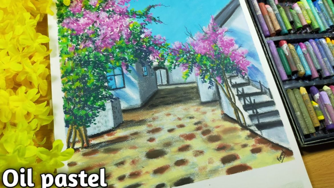 Oil pastel Bougainvillea Flower|front yard Garden drawing oil pastel|Oil pastel drawing step by step