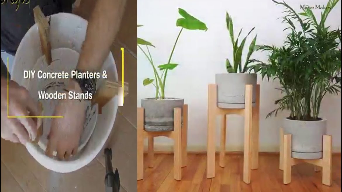 concrete planters & wooden stands for outdoor use great piece of your backyard or garden