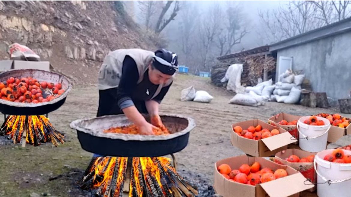 UNUSUAL SYRUP FROM RED PERSIMMON ON A FIRE IN THE MOUNTAINS