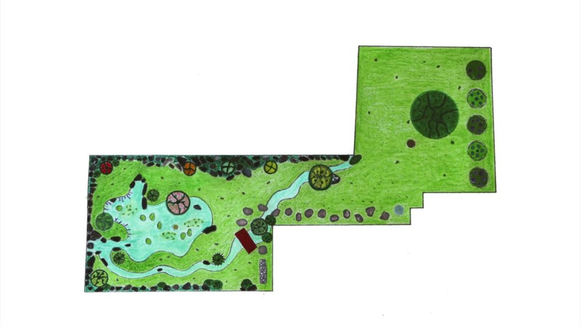 Plan de jardin japonais avec double cascade en ruban Plan de jardin japonais avec double cascade en ruban