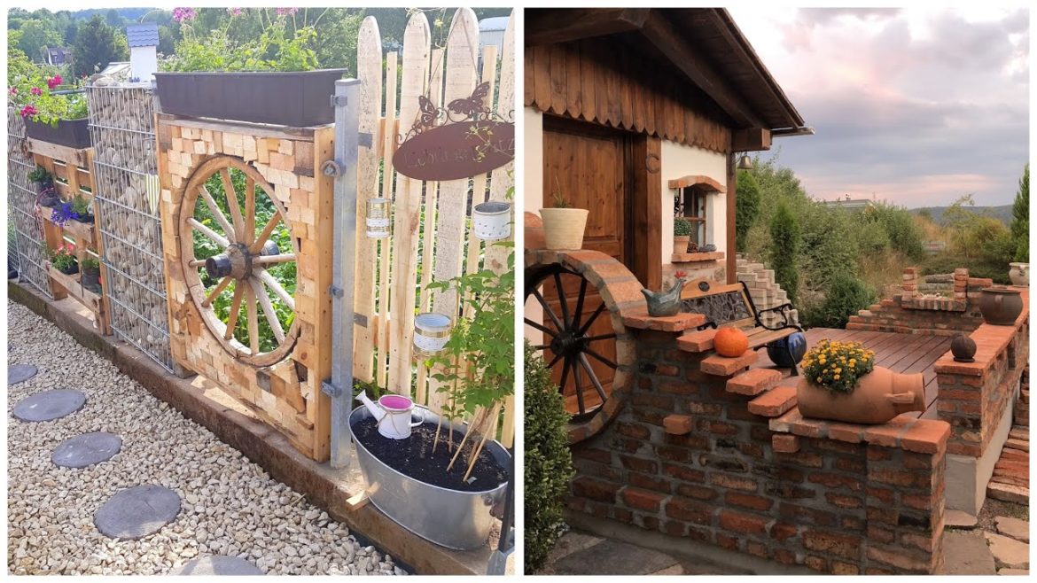 Beautiful garden and backyard ideas: wheels in landscape design (fences, tables, benches) Beautiful garden and backyard ideas: wheels in landscape design (fences, tables, benches)