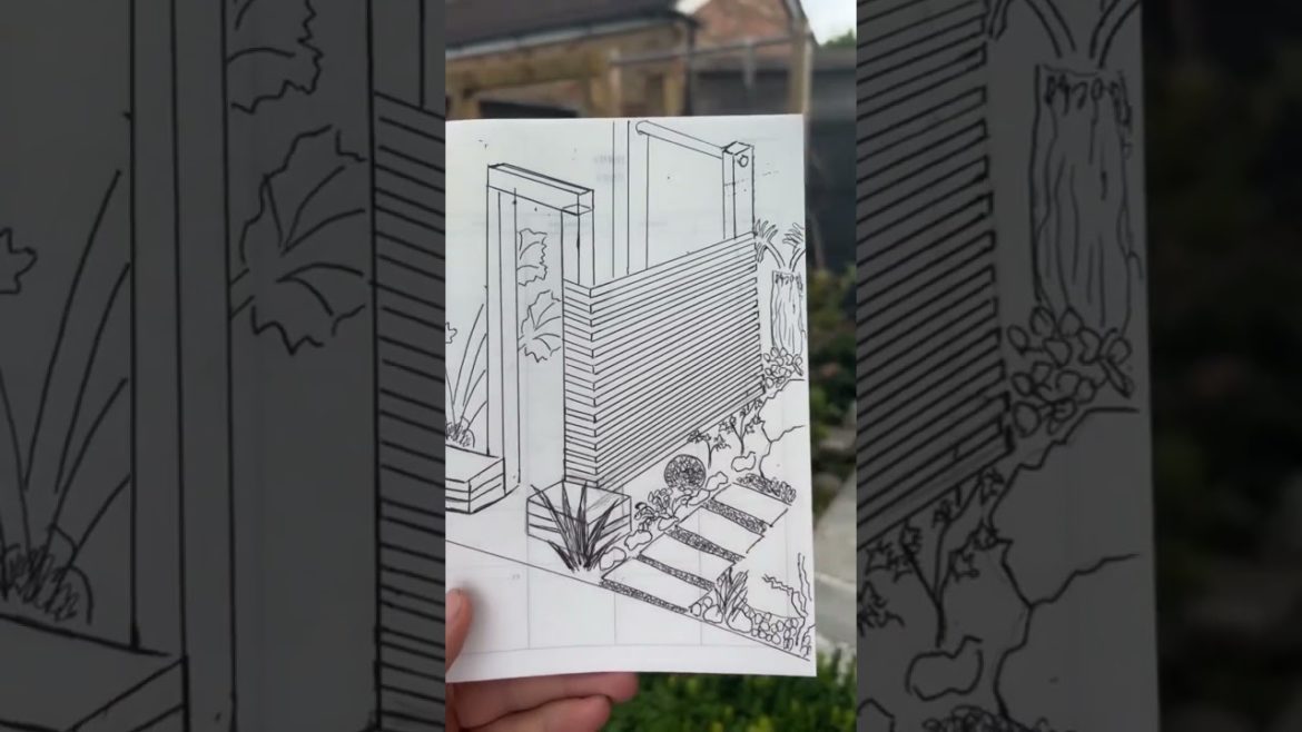 Garden plan vs Garden now | Garden design of panelling by a pond.