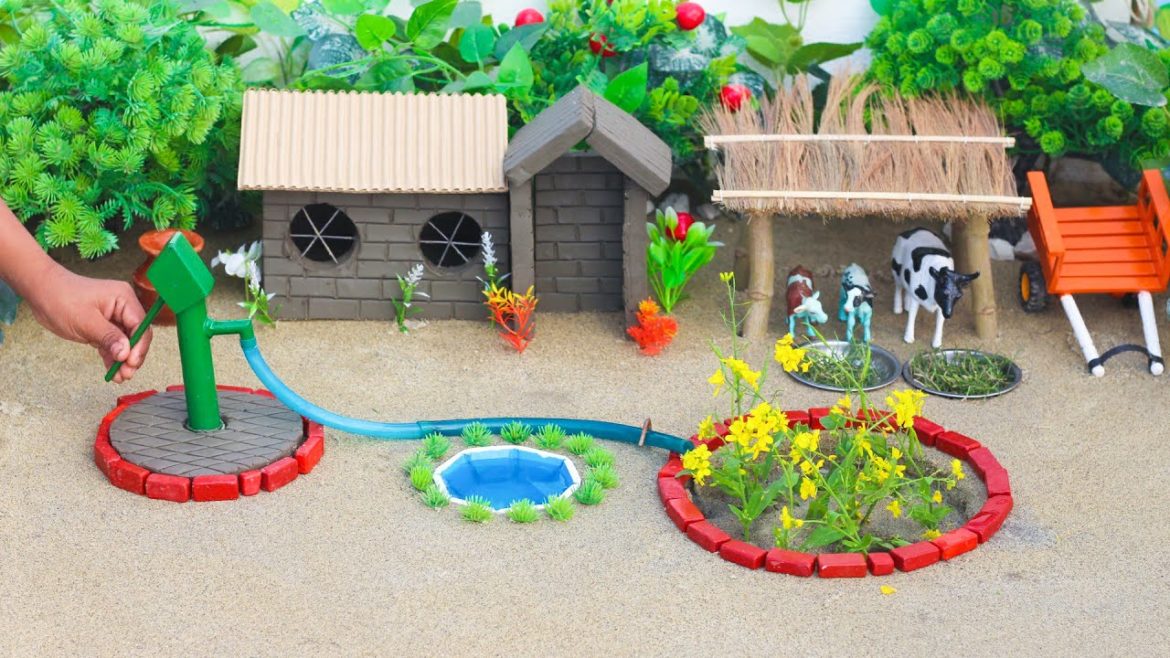 DIY mini Farm Diorama with hand pump & Grass | horse house – cow shed |  Water Supply for animals #8