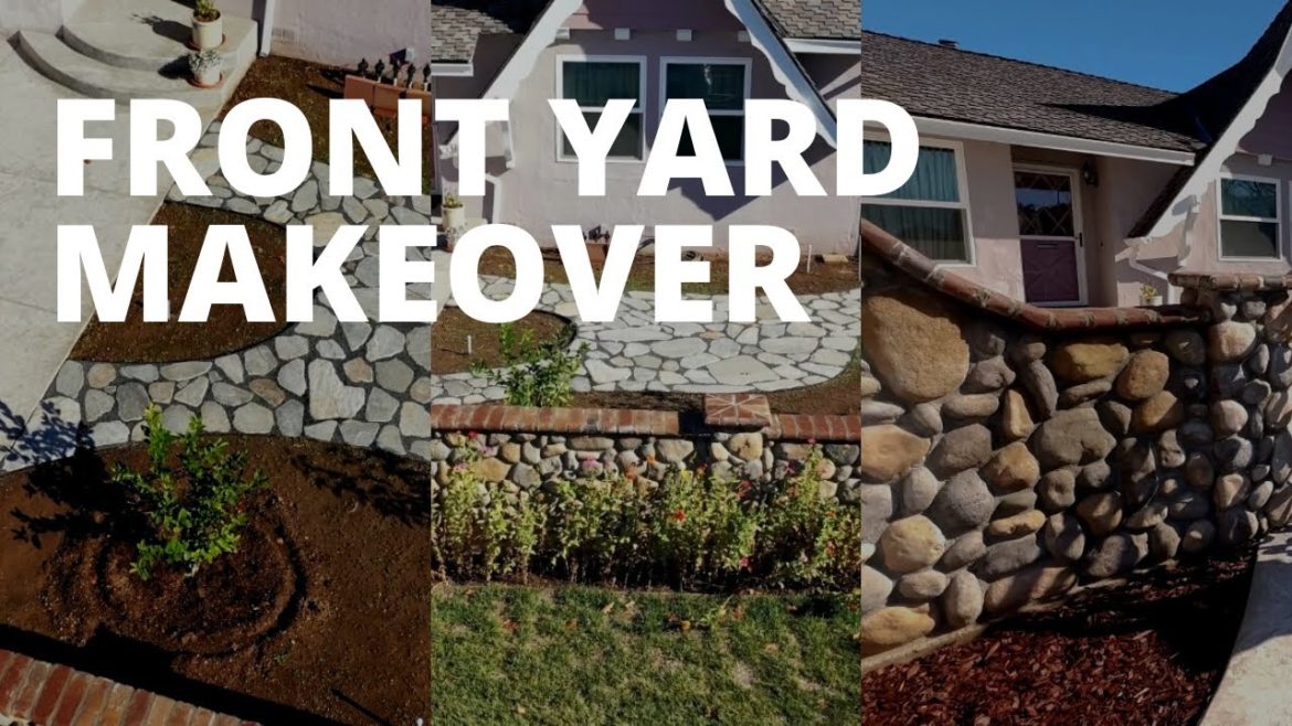 Front Yard Transformation (Cobblestone Fence, Grass, Idaho Quartzite Slabs, Concrete Paver Walkway)