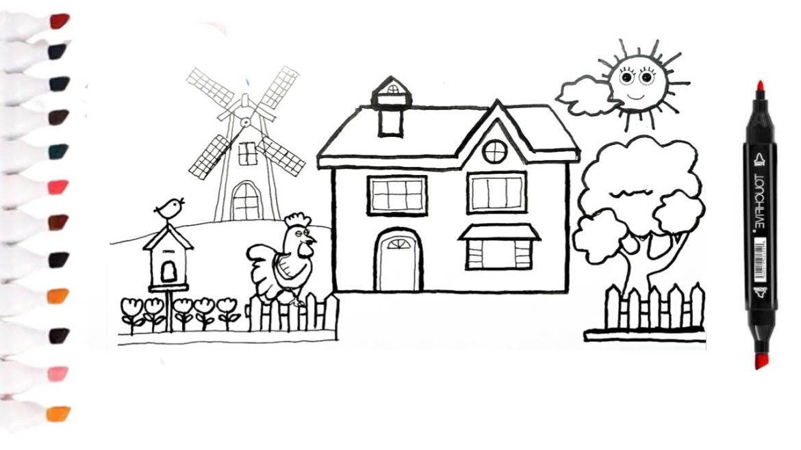 Easy drawing and coloring of house, windmill, rooster - Funny painting art