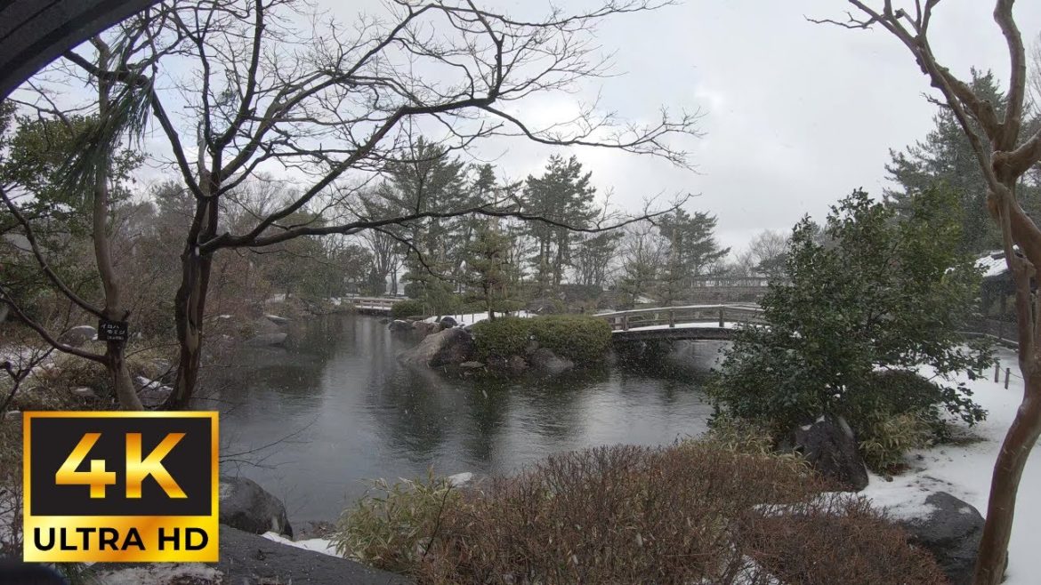 [4k snow] Walking through a beautiful Japanese garden in a snowstorm