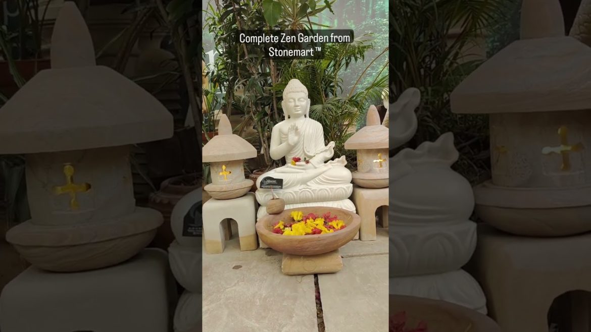 ZEN GARDEN WITH 2 FEET MARBLE STONE BUDDHA STATUE, RAINBOW SANDSTONE URLI, JAPANESE LANTERNS #shorts