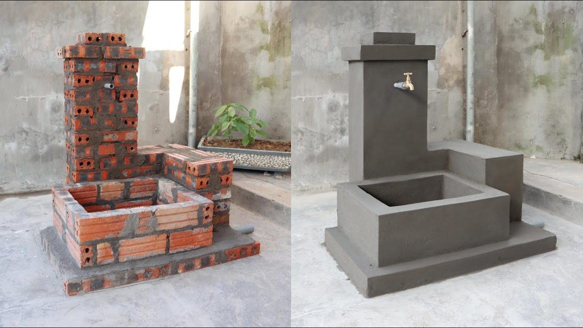 Garden ideas  Build a fountain from bricks + cement  DIYスタンディング蛇口