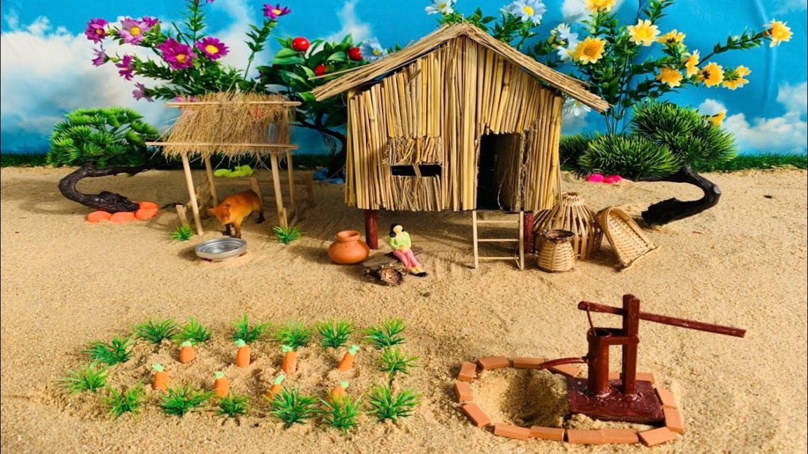DIY making mini farm diorama with cowshed and carrot garden -mini hand pump supply growing carrot #1