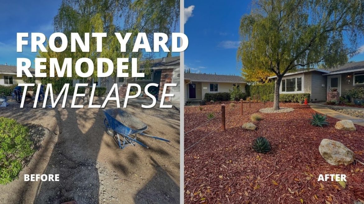 Front Yard Remodel Timelapse (Tree planting, Walkway Install, Mulch Install, 5 gallon plants, Fence)