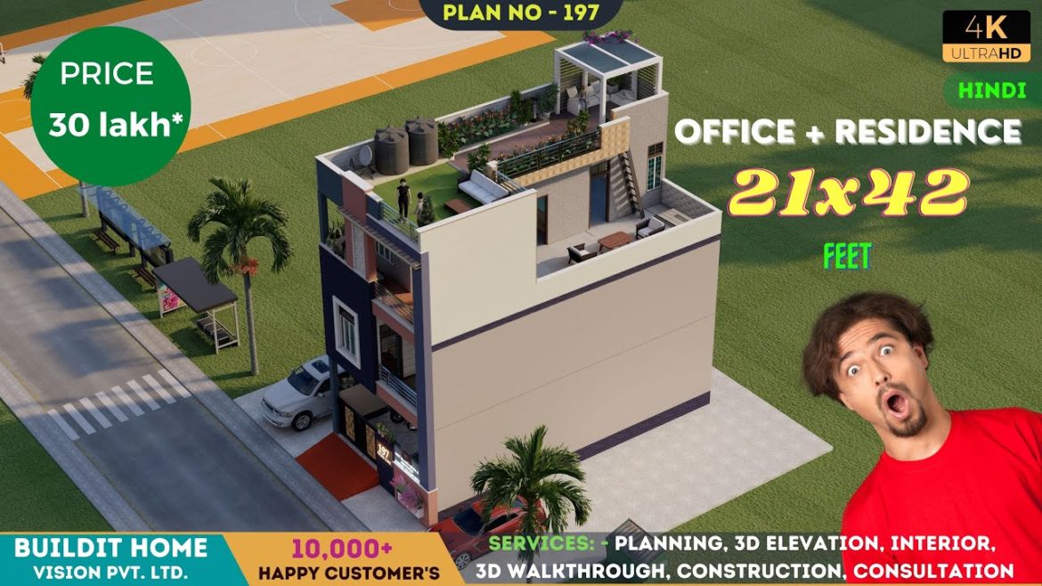 21x42 feet House Plan with Office setup and 3 bhk I Terrace Garden with trending design  𝗣𝗹𝗮𝗻 - 197