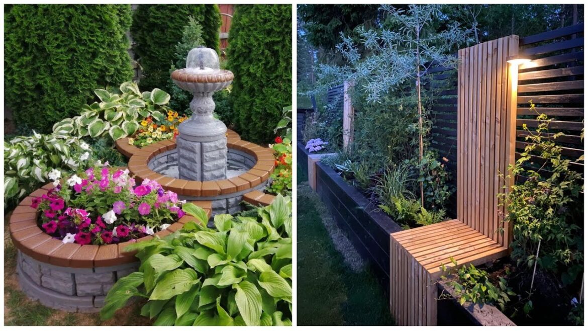Landscape design of the plot with examples of garden arches, flower beds and reservoirs